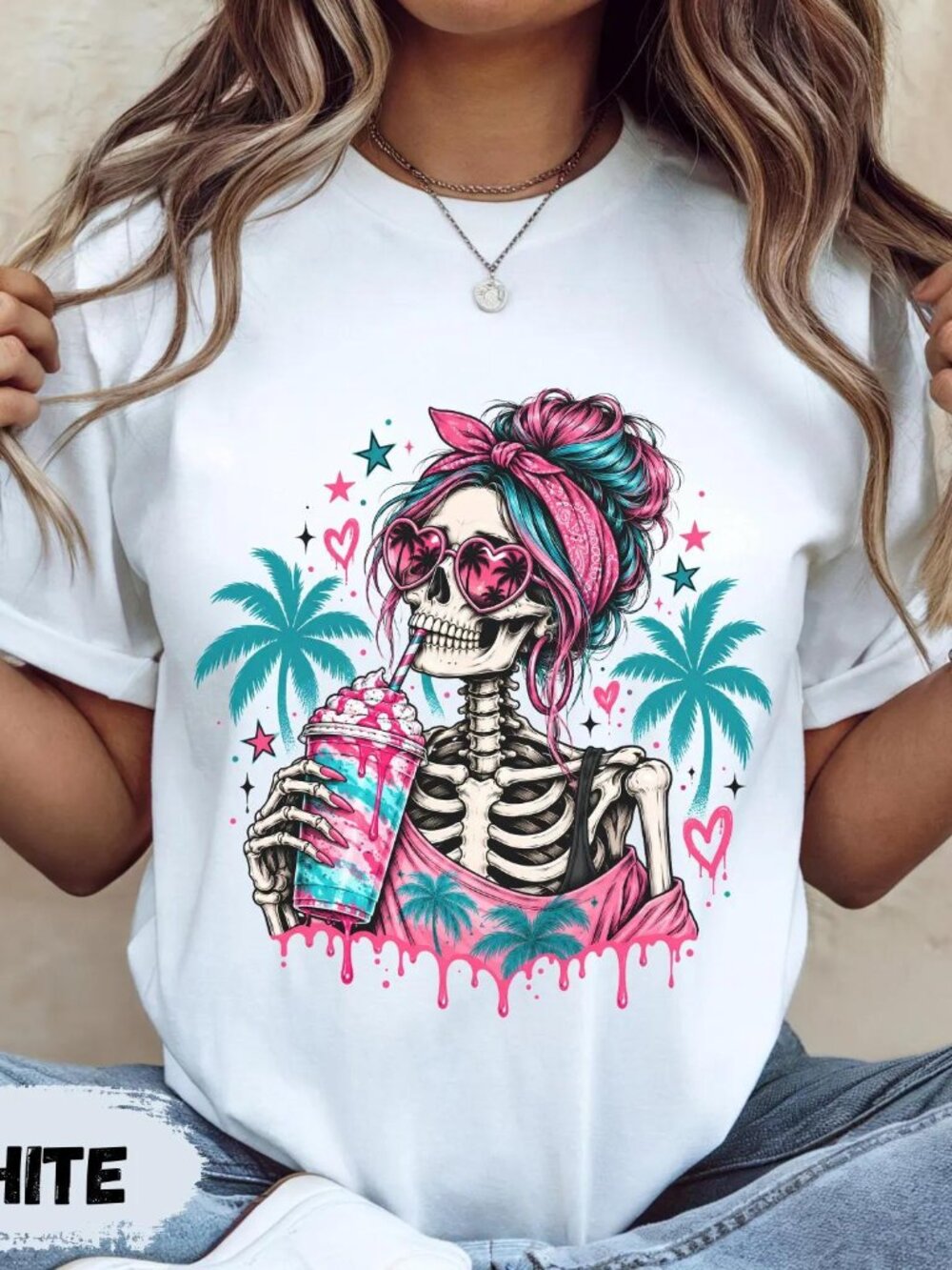 Halloween Shirt, Summer Skull Tee, Palm Tree Skeleton Girl Shirt